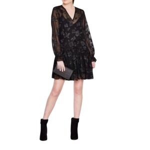 ALLSAINTS Black Floral Metallic Sheer Long Sleeve Ruffle Tiered Mini Dress Med